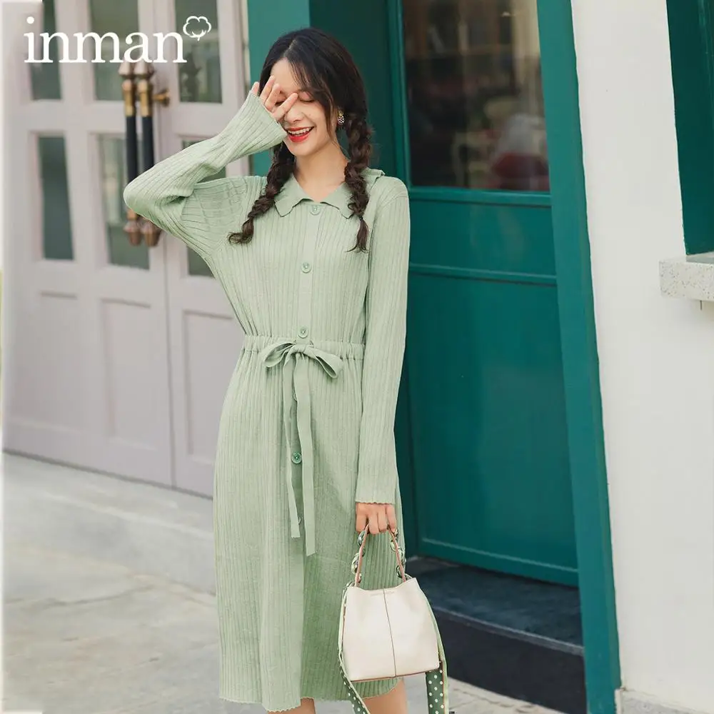 INMAN 2020 New Arrival Spring Bean Green Color Flower Turn Down Collar Single Breasted Drawstring Long Sleeve Knit Wear Dress INMAN 2020 New Arrival Spring Bean Green Color Flower Turn Down Collar Single Breasted Drawstring Long Sleeve Knit Wear Dress