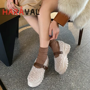 

HARAVAL 2020 Womne Thick Bottom Single Shoes Buckle Black Pink Wool Winter Warm Lady Cute Y2k Shoes Soft High Heels E205L