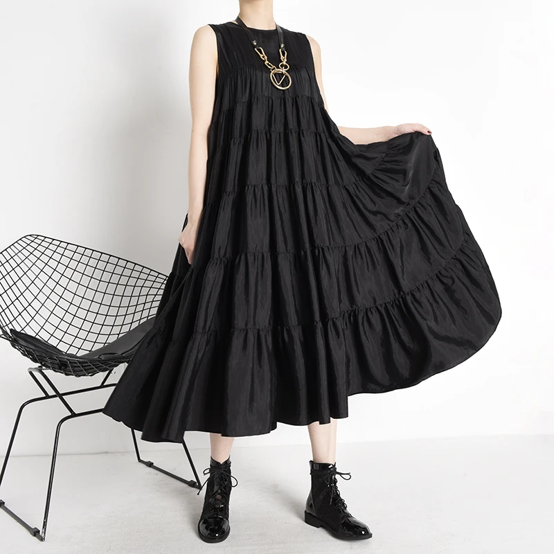 [EAM] Women Black Pleated Split Joint Long Dress