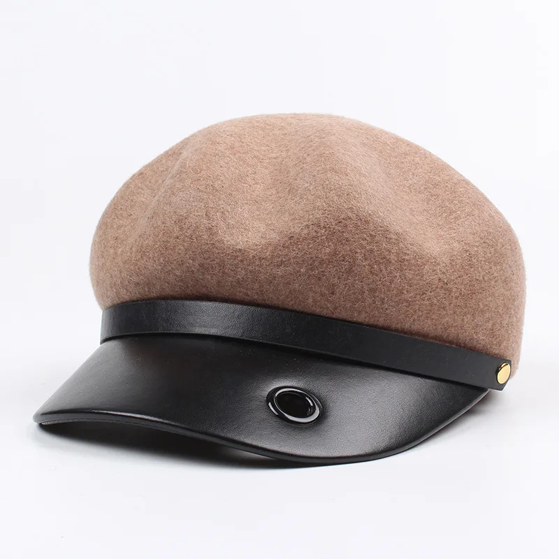 Осенне-зимний шерстяной берет, модная Кожаная шапка с дырками, восьмиугольная шапка, женская шапка, шапка с тыквой