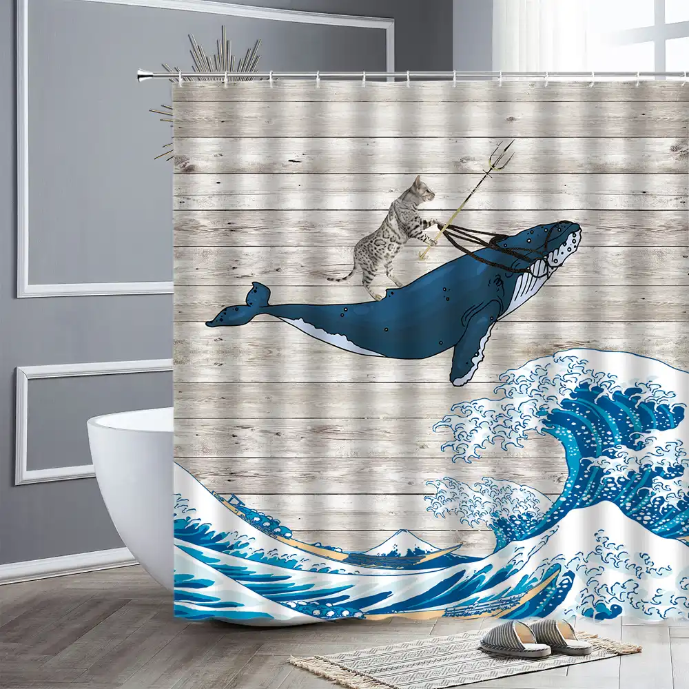 Creative Astronaut Blue Whale Universe Space Shower Curtain Set Bathroom Decor
