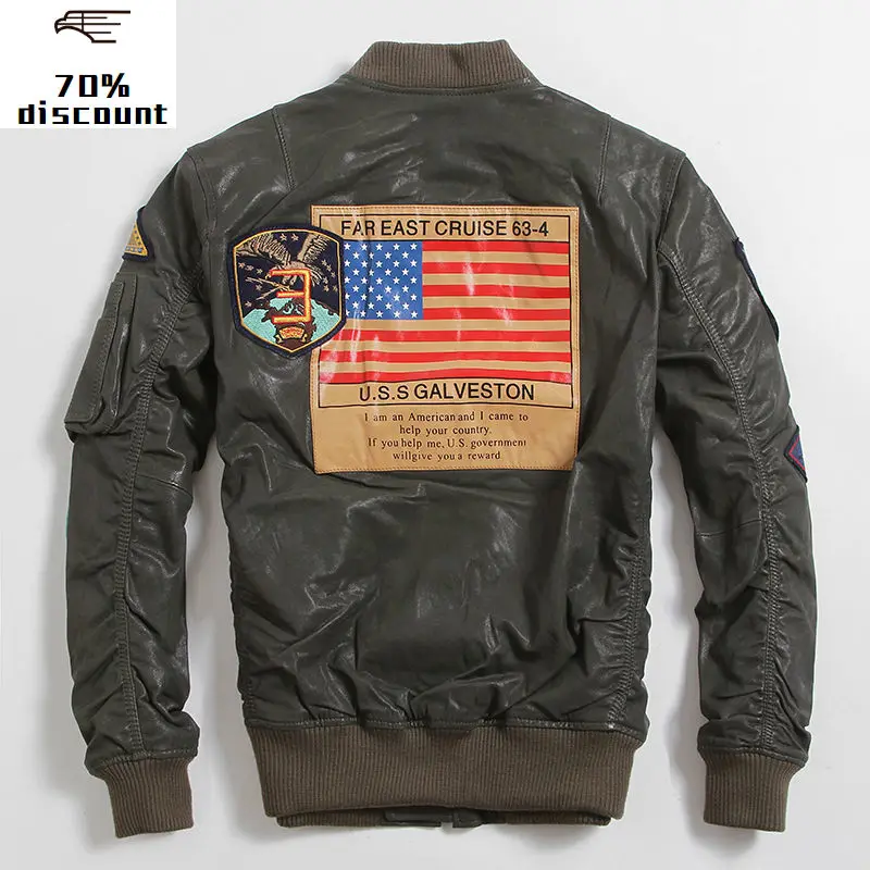 

2020 Men Green USAF Military Pilot Leather Jacket Large Szie 6XL Genuine Sheepskin Autumn Slim Fit Aviator Leather Coat