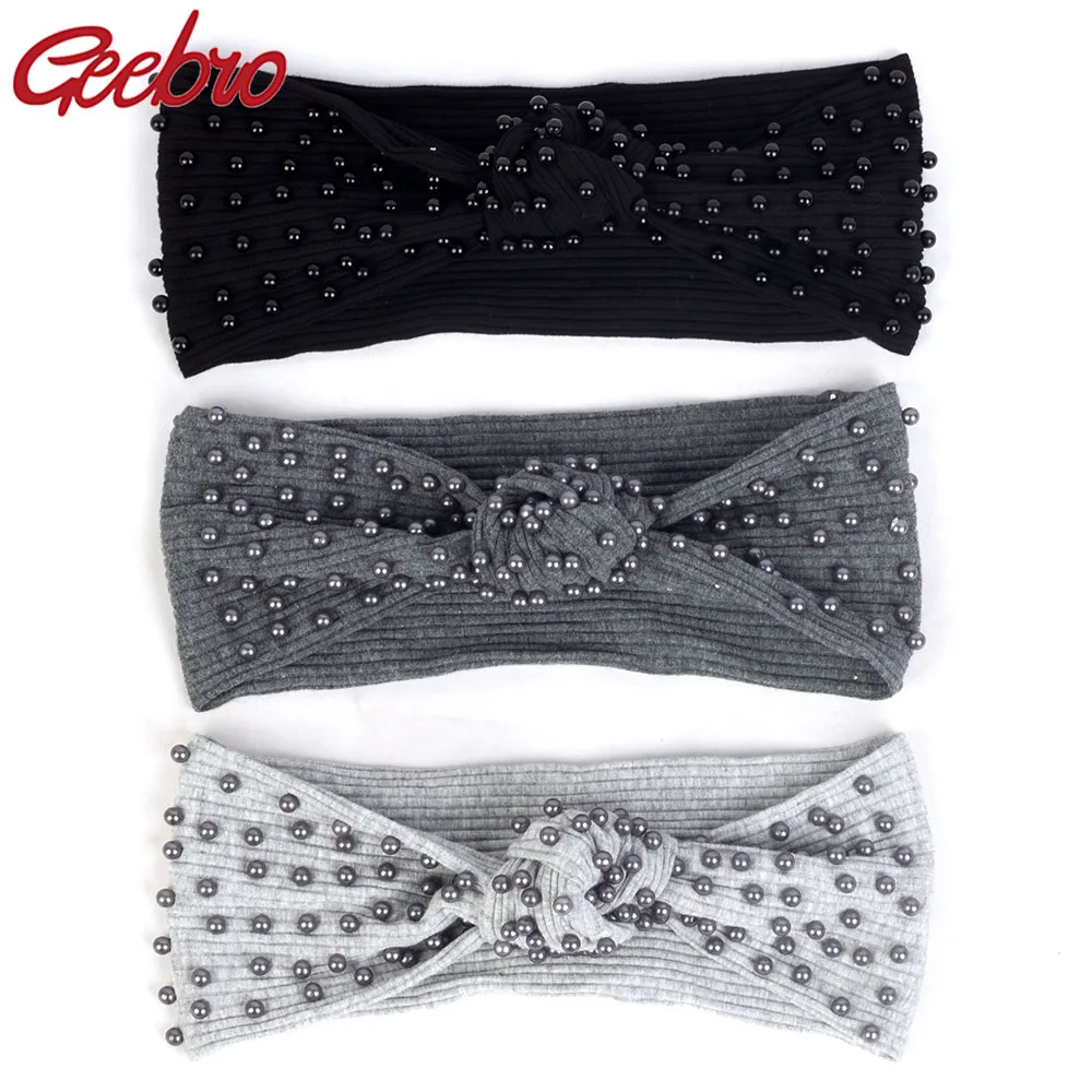 

Geebro Women Fashion Denim Ribbed Pearls Hairband Bow Knotted Headband For Girl Female Boho Turban Stretchy Band Hair Accessorie
