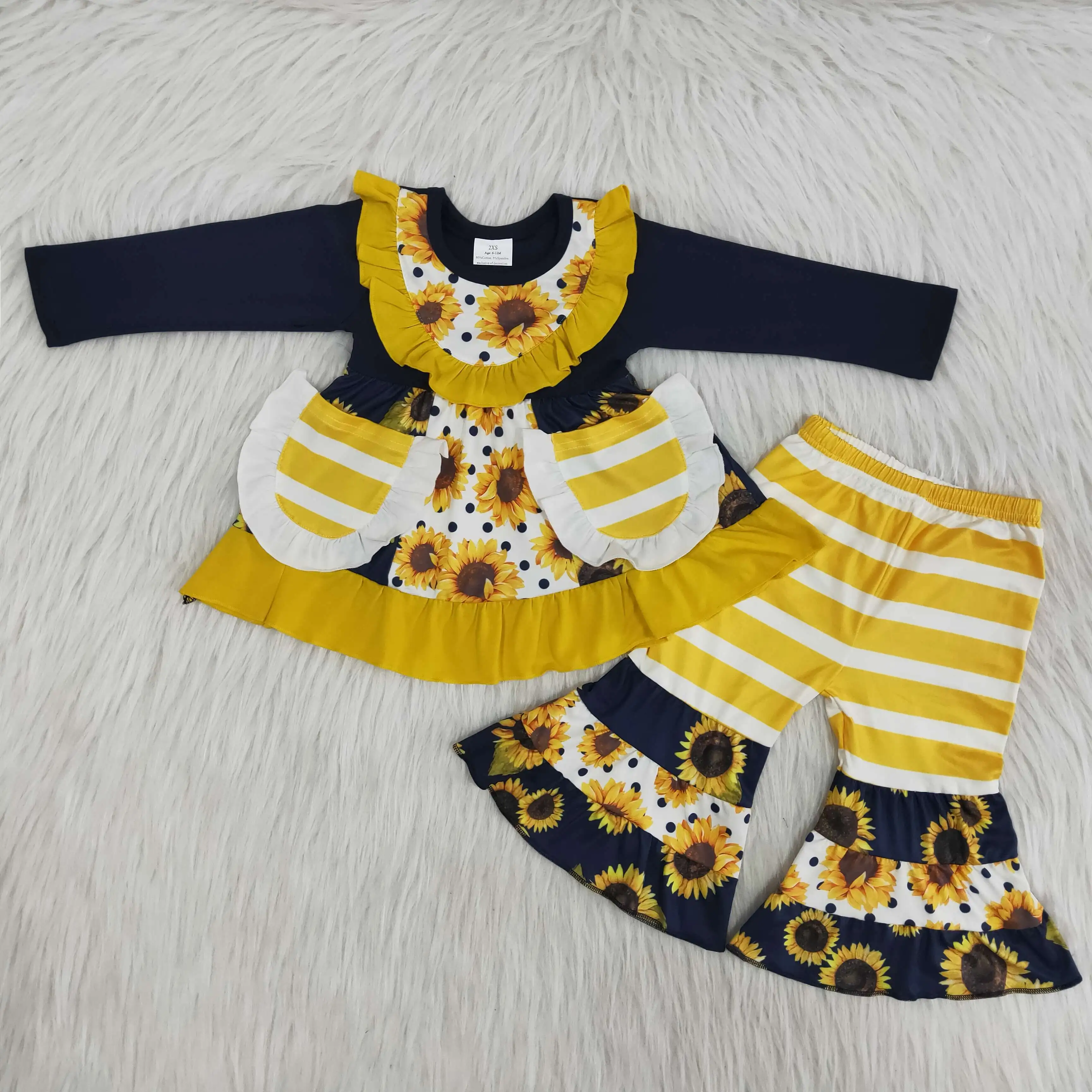 New Lovely Rts Wholesale Cute Little Pocket Girasole Toddler Girls Top Bell Bottoms Outfit Boutique Kids Fall Clothing Sets