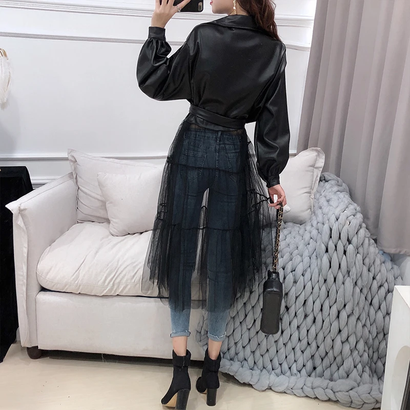 Finest  LANMREM 2020 Spring New Jackets Women Fashion Solid Color Long Mesh Gauze Stitching PU Leather Coat