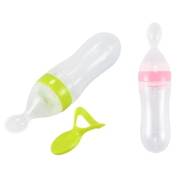 

2pcs Baby Squeezing Feeding Bottle Silicone Training Rice Spoon Infant Cereal Food Supplement Feeder - Pink & green