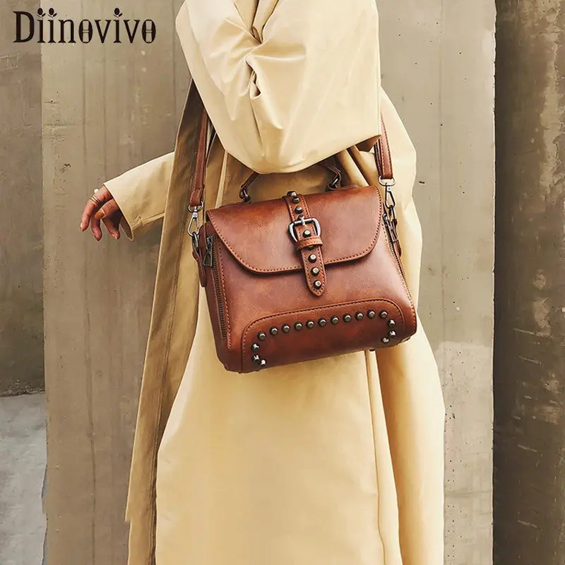 

DIINOVIVO Vintage PU Leather Bags Women Handbags Famous Brand Crossbody Bags For Women 2019 Rivet Shoulder Bags Female WHDV1272
