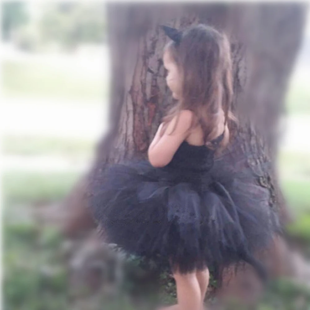 Черный костюм для хеллоуина с котом пышные Летние Платья До Колена Для девочек детское платье-пачка без рукавов с бантиком и ободок с ушками