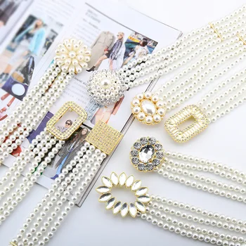 

1Pcs Four Rows Pearls Belt Cummerbunds Women Dress Waistband Rhinestone Crystal Elegant Alloy Buckle Elastic Stretch Waist Chain