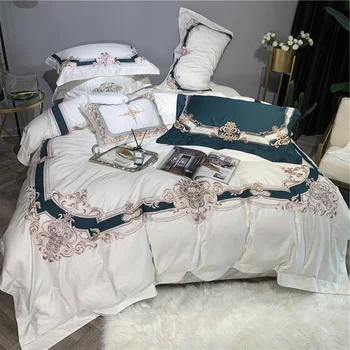 

New White Green Luxury Royal Embroidery European Palace 100S Egyptian Cotton Bedding Set Duvet Cover Bed sheet/Linen Pillowcases