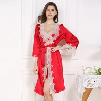 

Sexy 100% pure silk robe sets for women Nightdress noble spaghetti strap Lace Sleepwear elegant sets women