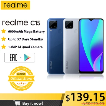 Перейти на Алиэкспресс и купить Realme C15 глобальная версия смартфона 4 Гб ОЗУ 64 Гб ПЗУ 6000 мАч большая батарея Быстрая зарядка мобильный телефон 6,5 дюймов телефон Android