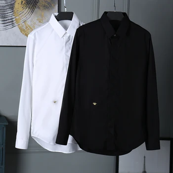 

European station black and white simple golden embroidered pointed collar casual men's fashion casual long-sleeved shirt