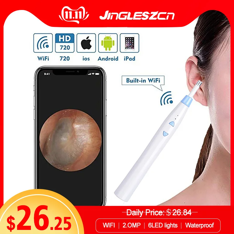 Wi-Fi Otoscope 1.0MP беспроводной ушной эндоскоп с 6 светодиодный ными ушными эндоскопами камера Earwax чистящий инструмент для iPhone, IOS, Android, samsung