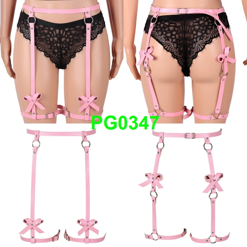 Leather Harness Bow Garter Cage Waist Stocking Suspender Belt Fetish Metal Chain Harajuku Gothic Plus Size Adjust Sexy Lingerie
