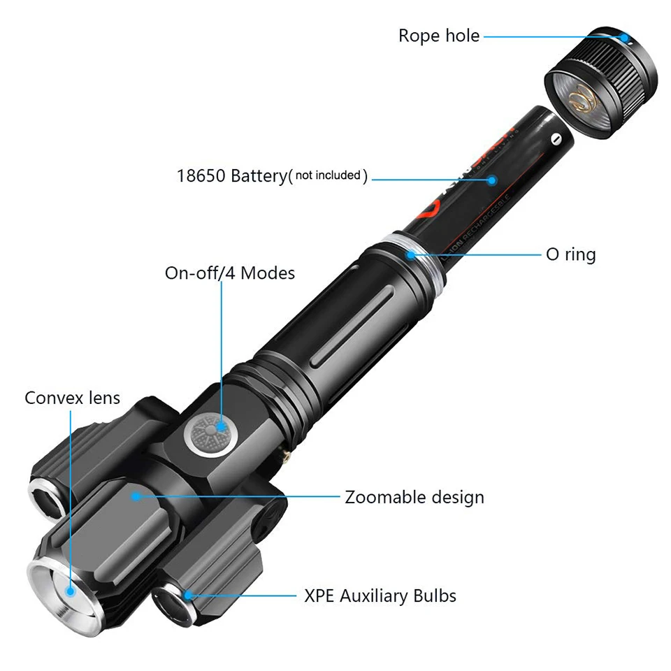 US $13.71 LED Flashlight Ultra Bright 3 Lights 4 Modles Torch T6 Outdoors Waterproof Zoomable USB Rechargeable 18650 Battery Flashlights