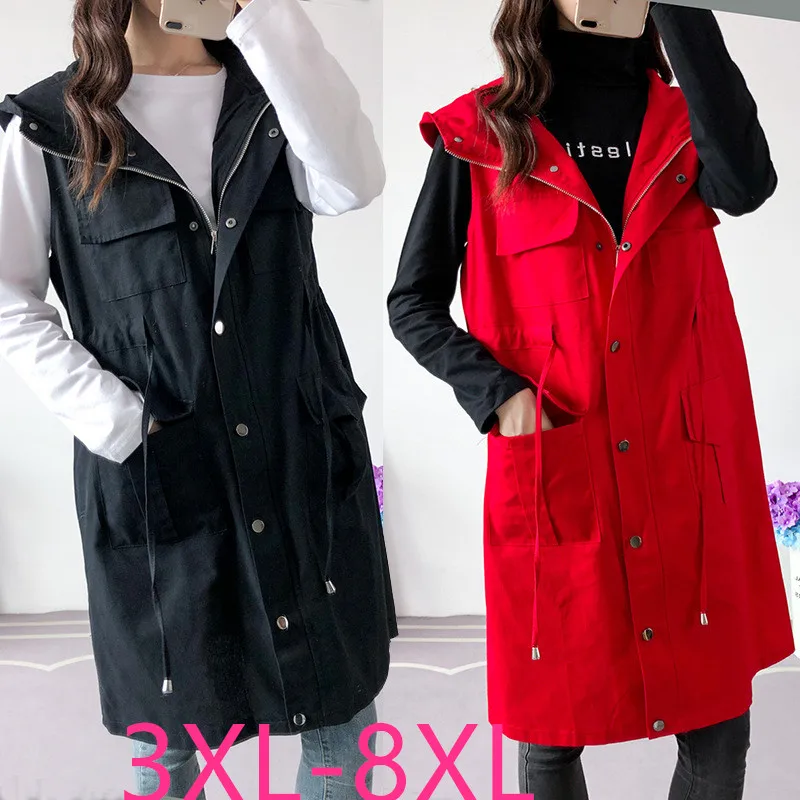 

2019 autumn winter plus size long coat for women casual loose sleeveless vest coats with hat black red green 4XL 5XL 6XL 7XL 8XL