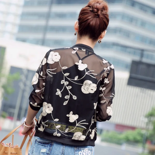 Summer Embroidery Short Jacket Women Sun Protection Clothes Fashion Sweet Thin Coat Baseball Bomber Jacket Chaqueta Mujer AQ719