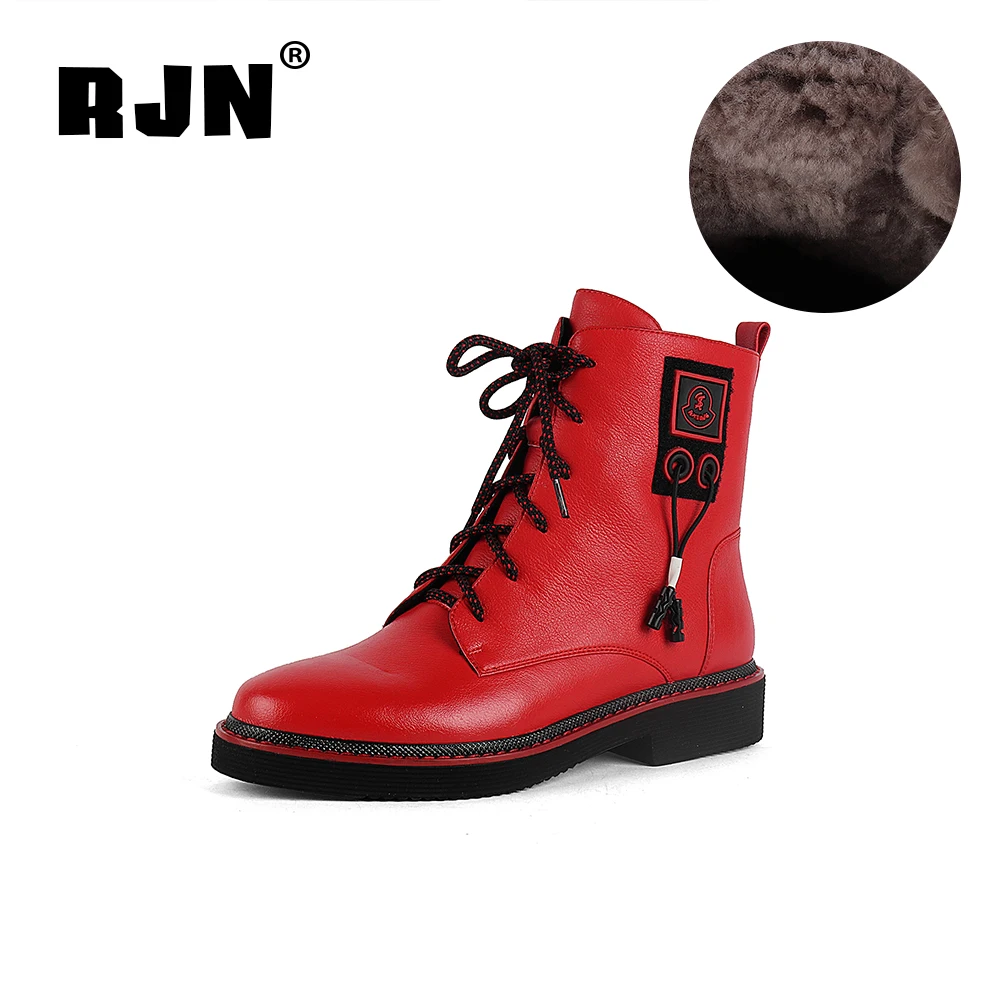 

RJN Wool Women Winter Boots Mixed Color Unqie Design ShoeLace Comfortable Round Toe Low Heel Shoes Cow Leather Ankle Boots R12