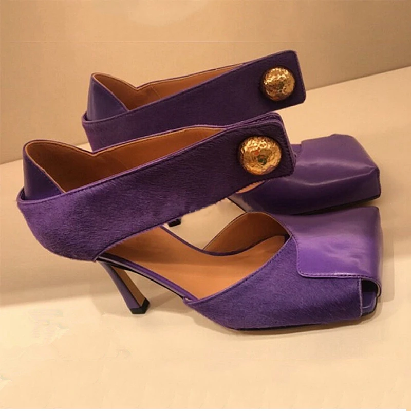 Silla rules/ туфли-лодочки с вырезами для подиума; женские босоножки на высоком тонком каблуке с квадратным носком; женские летние туфли с металлической пряжкой и ремешком на щиколотке - Цвет: purple
