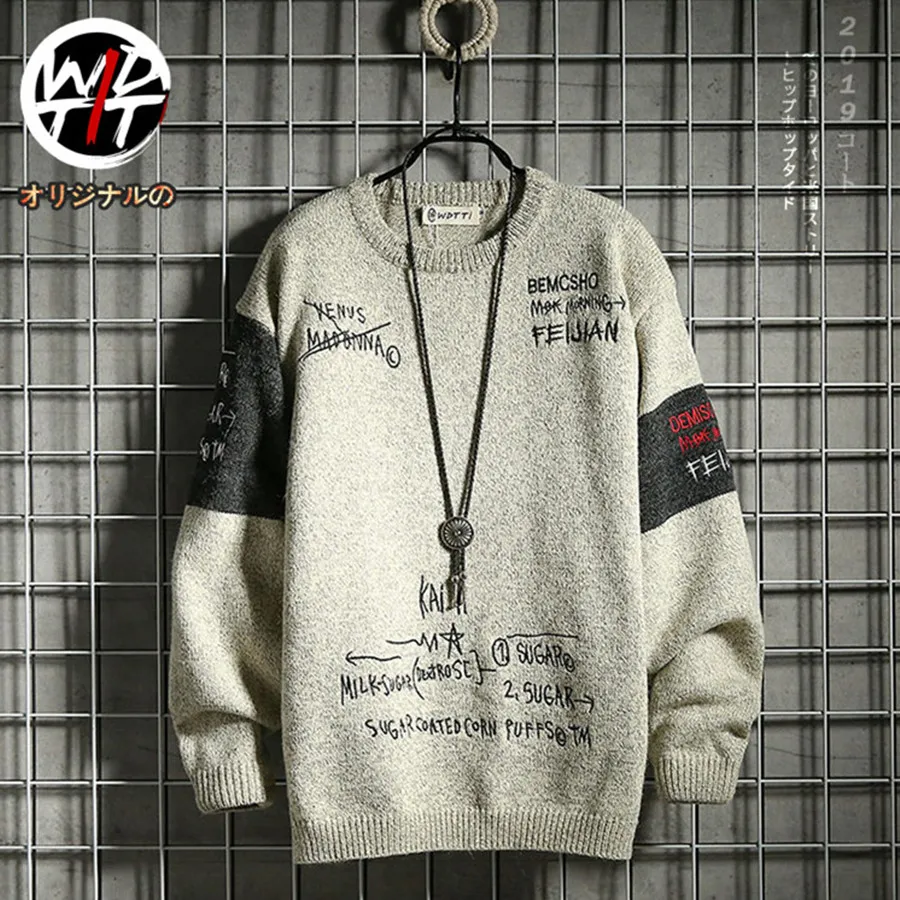 

Knitted New Pullover Graffiti Jumper Sweaters Streetwear Hip Hop Casual Long Sleeve Turtleneck Knitwear Sweater Men Tops