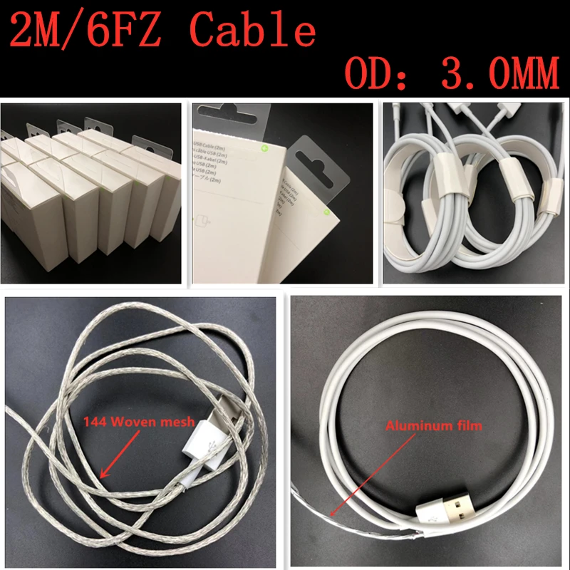 

100pcs OD:3.0mm 2m 6ft USB Data Sync Charger Original Quality Cable metal braid For iphone 6 6S 7 plus 8 X XS MAX XR with box