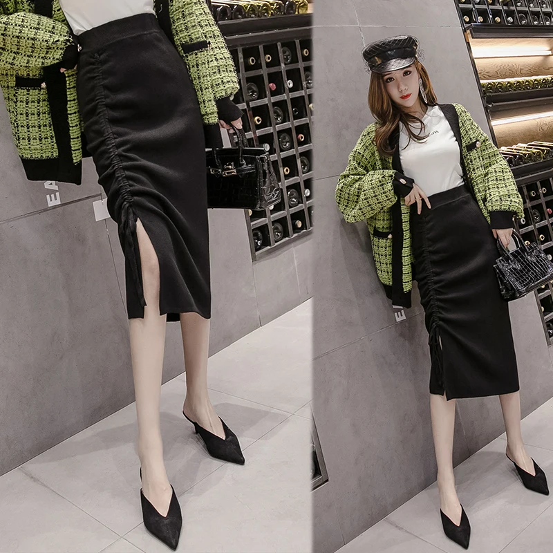 Черный Трикотажная юбка осенняя и зимняя новая Длинная женская Корейская пикантная эластичная сумка на шнурке, юбка на бедрах, асимметричная трикотажная юбка, женская осенняя одежда - Цвет: Черный