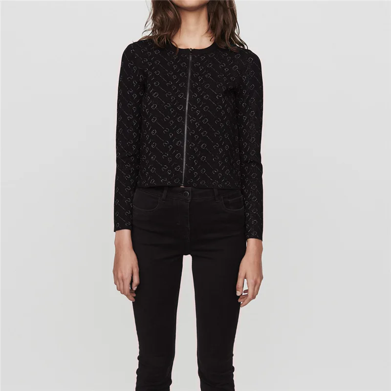 

2019 Autumn Temperament Short Jacquard Letter Embroidered Crewneck Knitted Cardigan Black Sweater for Women Sweater Women