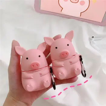 

For Airpods 1/2 Cute Pink Pig Animal Pattern Protective Case Shockproof Soft Silicone Cover Skin Protector with Carabiner