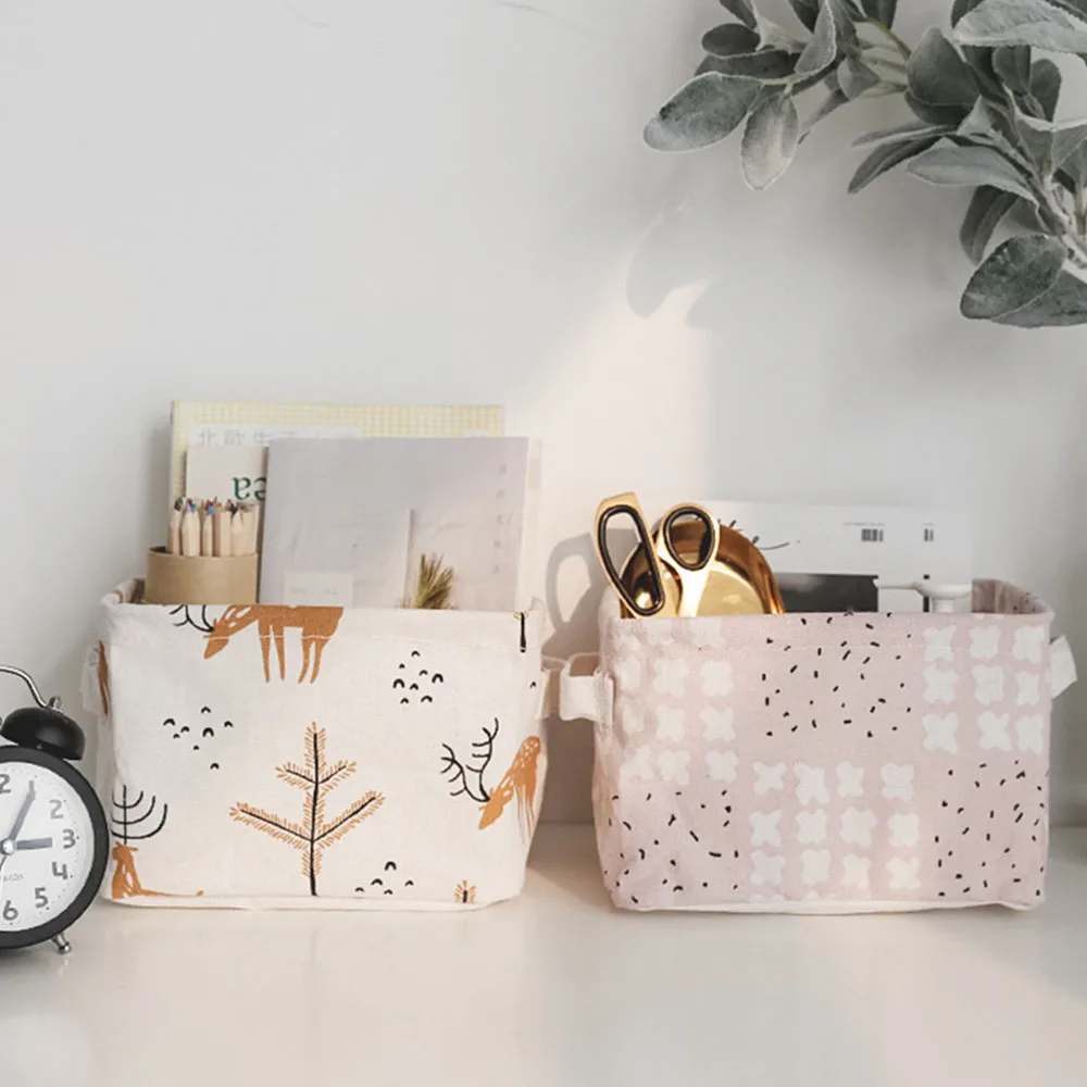 

Desktop Storage Basket Cotton Linen Storage Box Cute Animal Plant Waterproof Foldable Organizer With Handle Sundries Storage Box