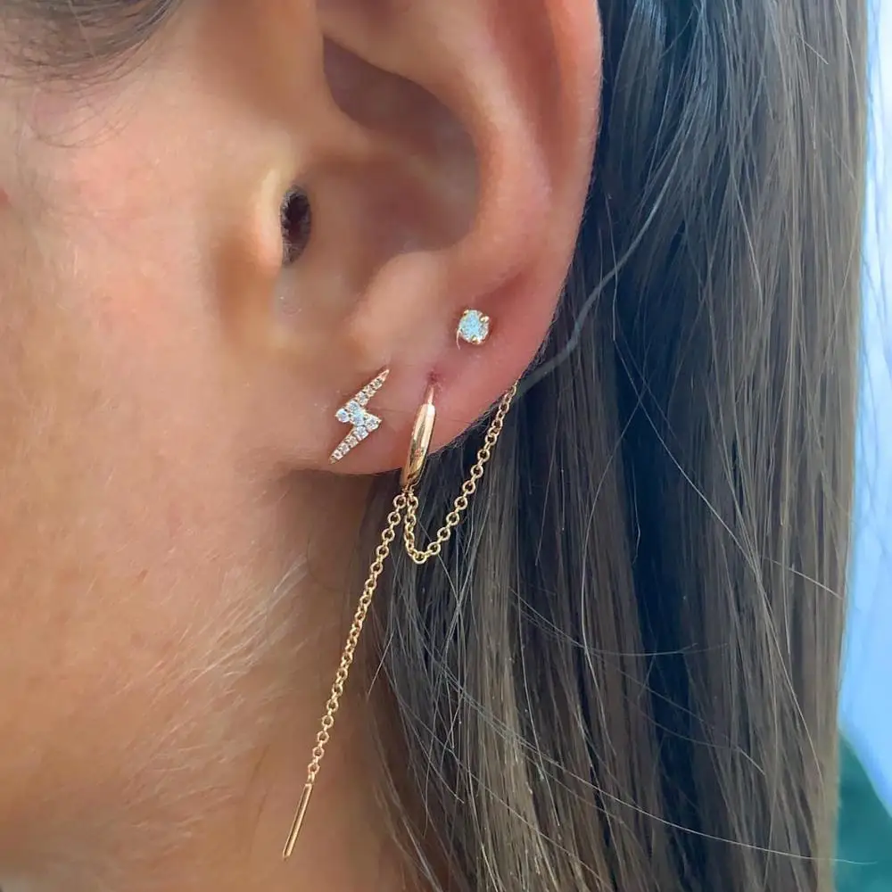 

Lightning bolt stud earring 925 sterling silver vermeil gold white cz paved simple studs