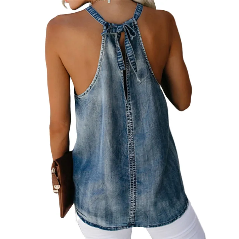 Women Sexy Halter Denim Vest Fashion Off-Shoulder High Street Solid Color Casual Sleeveless Lace Up Bottoming Top