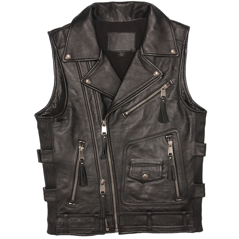 Vintage Brown Thick Motorcycle Vest Genuine Cowhide Men Biker Leather Vest Moto Leather Waistcoat Sleeveless Jacket M462 - Цвет: Black Color