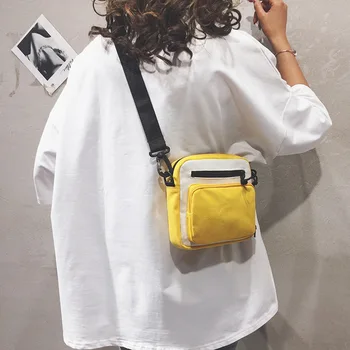 

Simple Canvas Bag Women's Shoulder Contrast Color Square Sling Bag 2020 New Style Casual Students Over-the-shoulder Bag