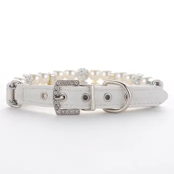 

PU Leather Pet Dog Cat Collars Bling Rhinestones Adjustable Leather Necklace Pearl Studded Pet Collar For Small Dogs Necklace