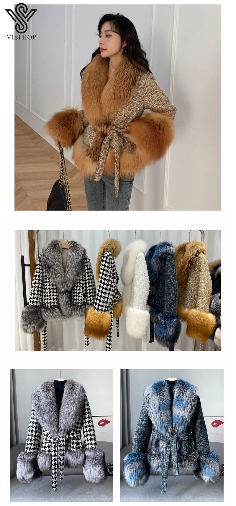 maxi puffer coat VISI HOP VS4301 Luxury Wool Coat Winter Fashion Lattice Real Fox Fur Houndstooth Thick Warm Fluffy Outerwear Jacket long bubble coat