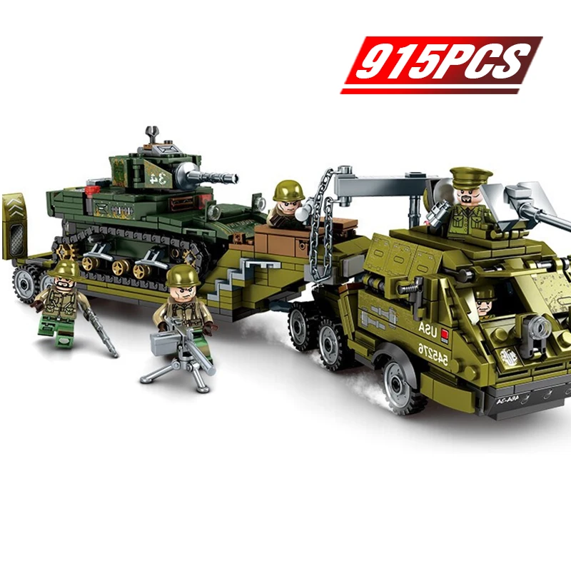 

915PCS War Military Building Blocks Legoing WW2 Tank Armored vehicle World Type Army 5 Soldiers Figures Blocks Boy Toys