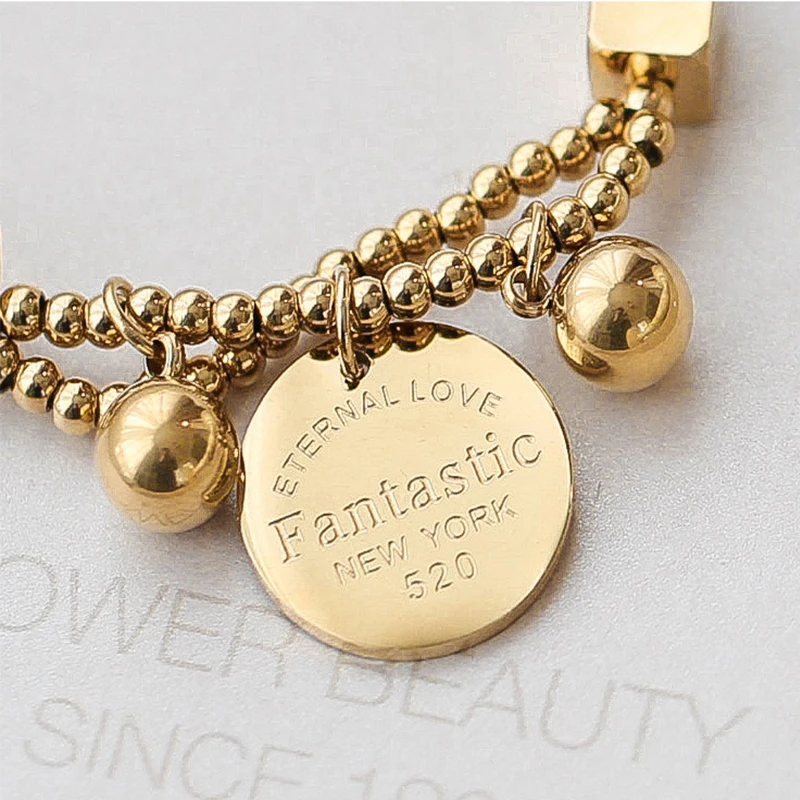 Stainless Steel Gold Color Beads Round Tag Bracelets Trendy Simple Bracelets Female Girl's Fashion Party Jewelry stainless steel bracelet