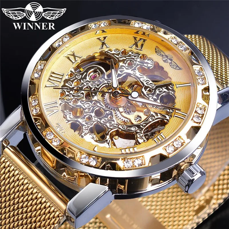 

Watch Men's Fashion Casual Popular Rhinestone Hollow Stainless Steel Mesh Belt Manual Mechanical Watch Gold Silver