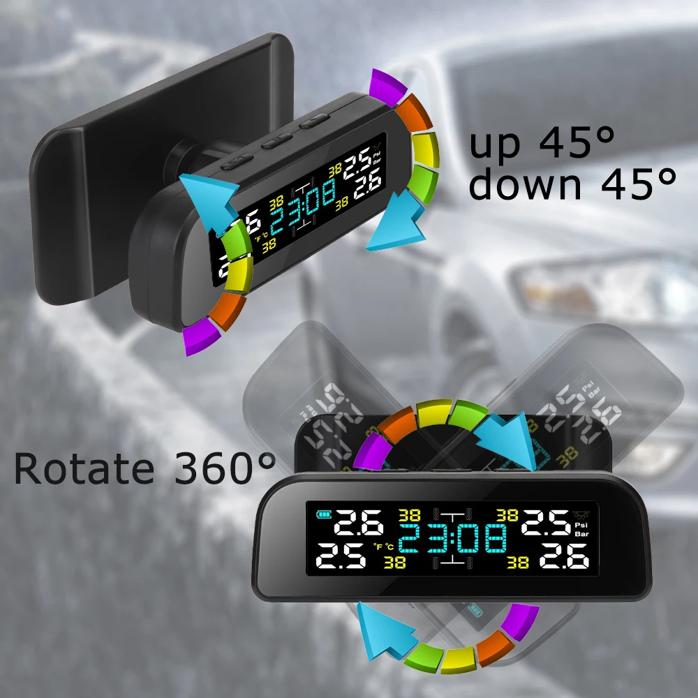 Universal TPMS Wireless Tire Pressure Monitoring System Solar Power Clock LCD Display 4 External Sensor Tire Pressure Sensors Car Tire Pressure Monitor Motorcycle Tire Pressure Monitor Car Tire Pressure Sensor