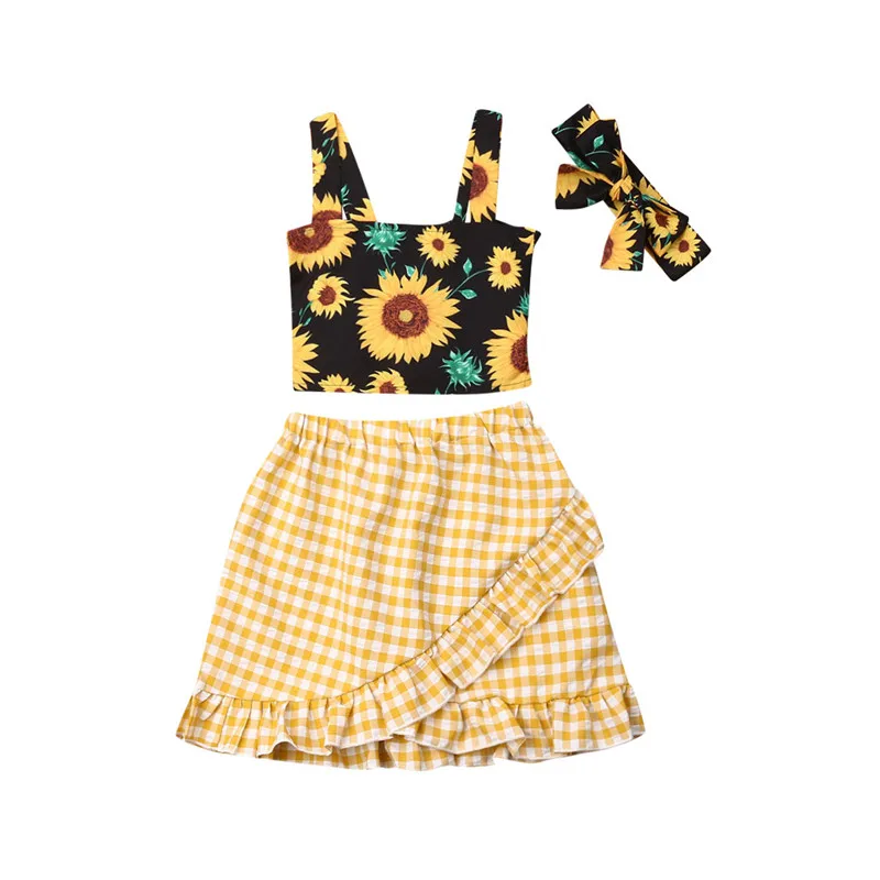

Newborn Toddler Kids Baby Girls off shoulder Floral print strap pullover Tops plaid Ruffle skirts bow Headband 3pc cotton Outfit