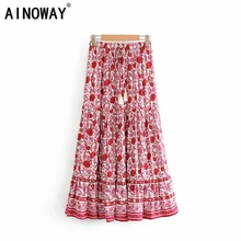 Винтажные шикарные летние хиппи женские с цветочным принтом и кисточкой пляжные Богемские юбки макси Женская одежда из вискозы хлопковые плиссированные юбки бохо