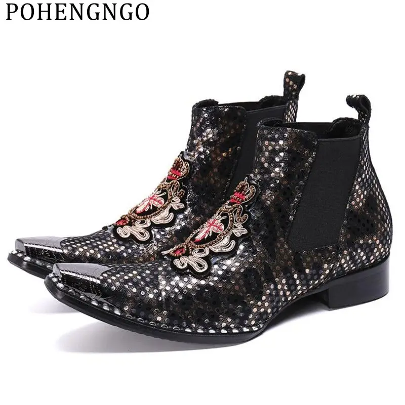 Fashion New Embroidered Men Office Cowboy Boots Sequins Dress Wedding Boots plus-size Men Casual High-top Martin Boots