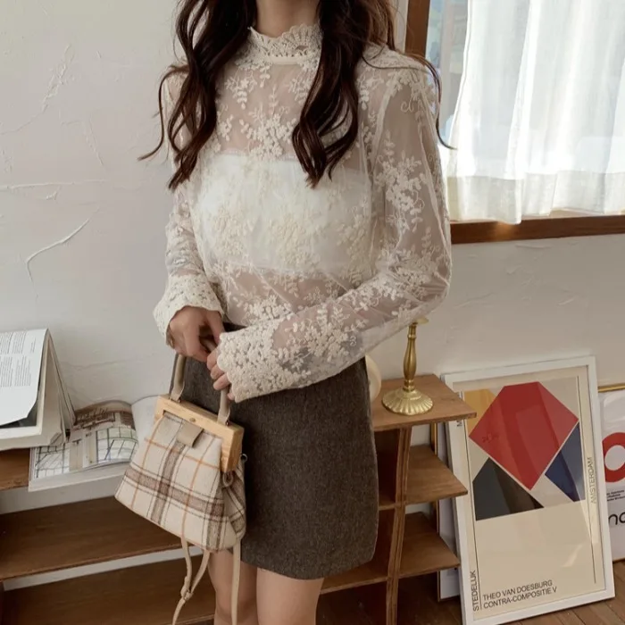 

Half-Turtle-Neck Lace Base Shirt Women's 2019 New Style Autumn And Winter Korean-style Fashion Transparent Gauze Underwear Fashi