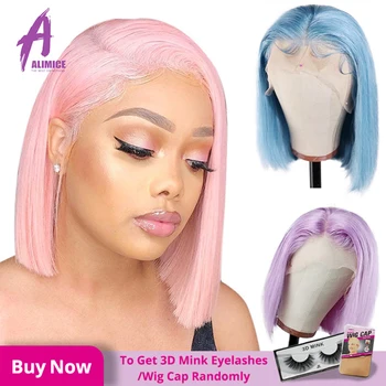 

Pink Blue Purple Short Bob Lace Front Wigs Straight Human Hair Lace Front Wigs 150% Density Alimice 13*4 Brazilian Straight Wigs