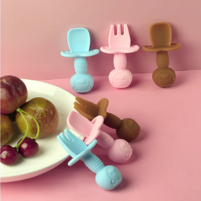 

2 Pcs/Set Baby Silicone Spoon Fork Set Anti-Fall Safety Kids Spoon Baby Food Feeding Stuff Silicone Tableware Children's Goods