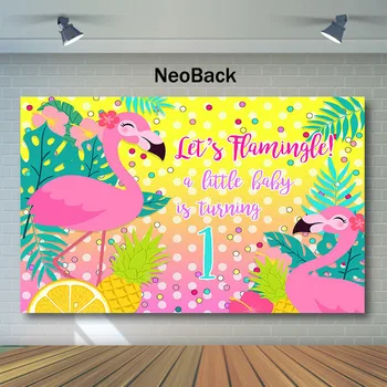 

NeoBack Flamingo First Birthday Backdrop Let's Flamingle Background Baby 1th Birthday Party Background for Photo Lemon Pineapple