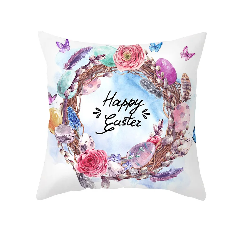 Egg Wreath Pattern Cushion Cover Easter Pillow Case Festival Farmhouse Home Decor Seat Softness Cover Pillow Flower Pillowcase