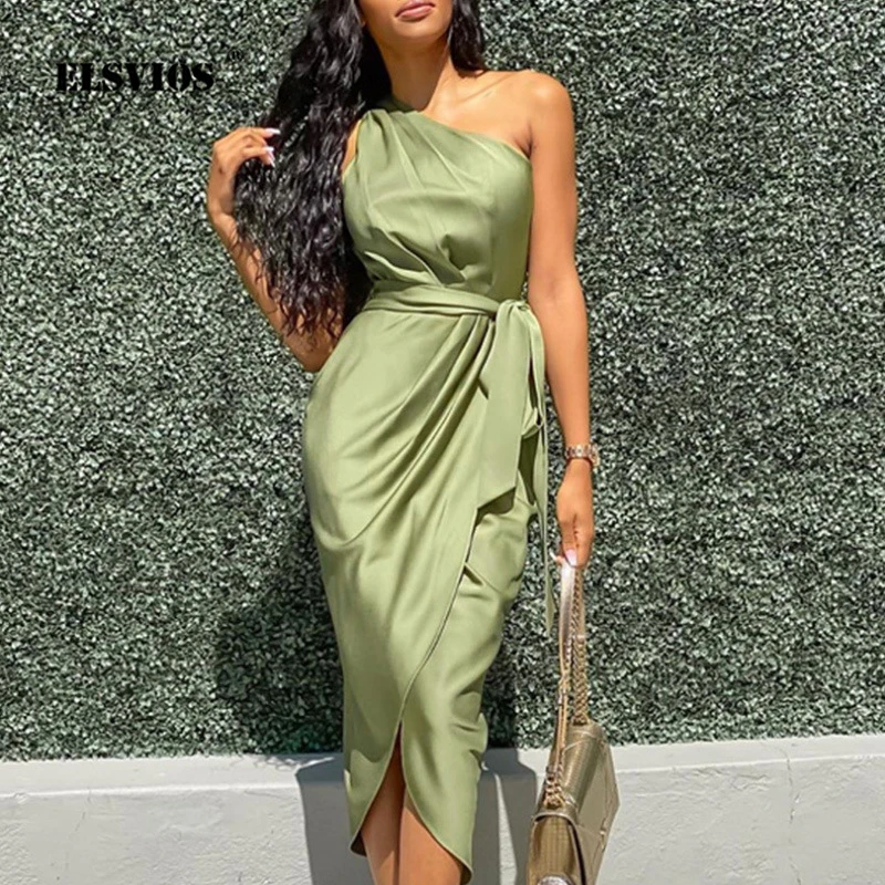 

Dresses Sexy Diagonal Collar Off Shoulder Slim Dress Elegant Solid Satin Irregular Dress 2021 Autumn Summer Party Dress Vestidos