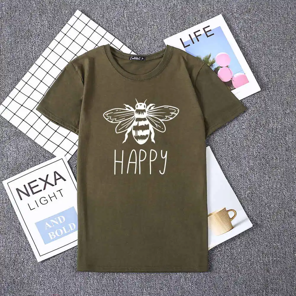 Армейский зеленый Высококачественная женская футболка с принтом Happy Bees, хлопковые повседневные футболки, большие размеры 190 кг, женские топы с короткими рукавами, 16 цветов - Цвет: Армейский зеленый